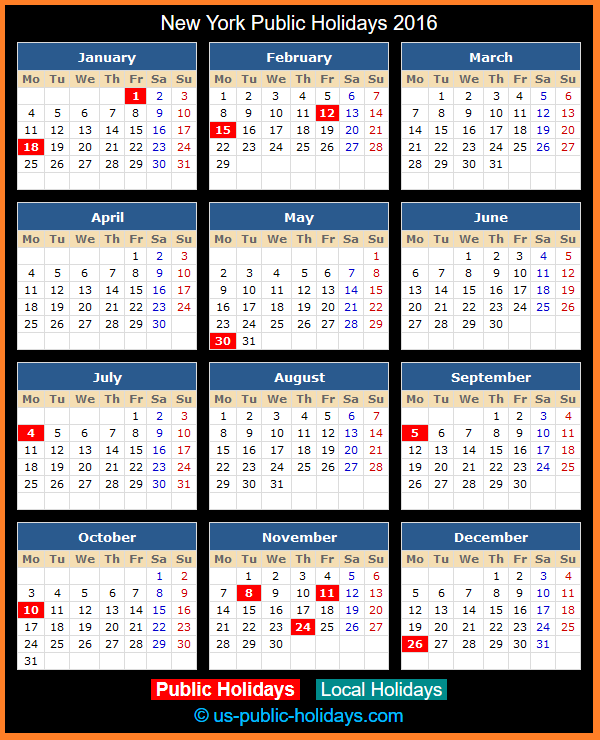 New York Holiday Calendar 2016